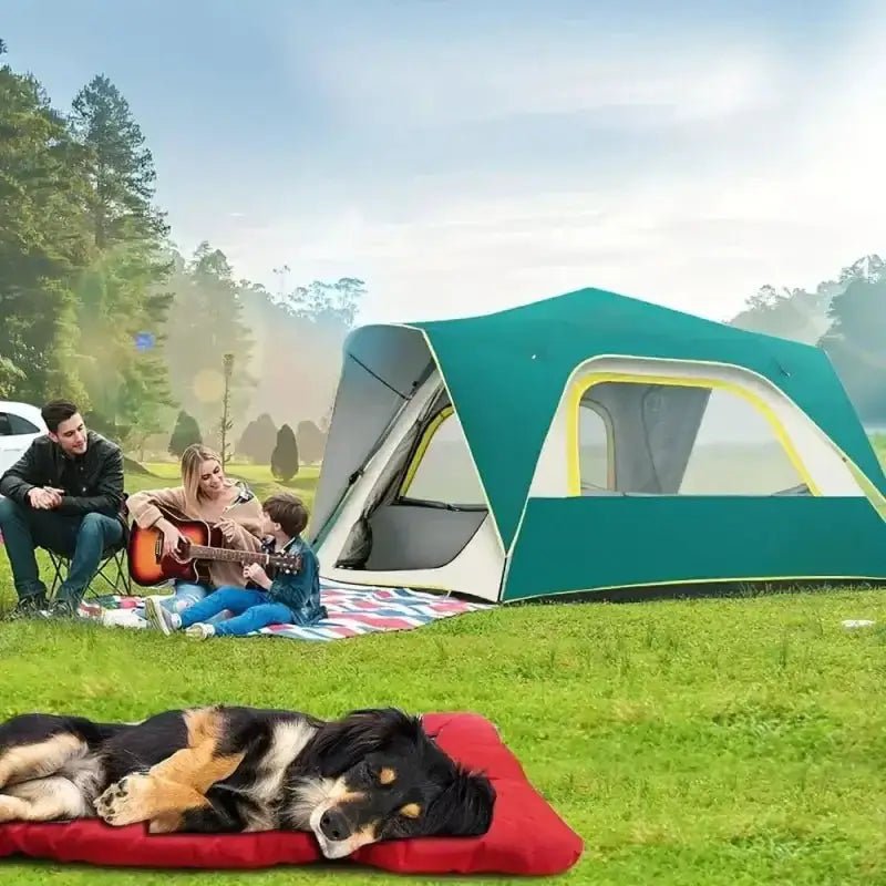 Tapis pliable pour chien confortable en voyage avec tente verte pour camping nomade