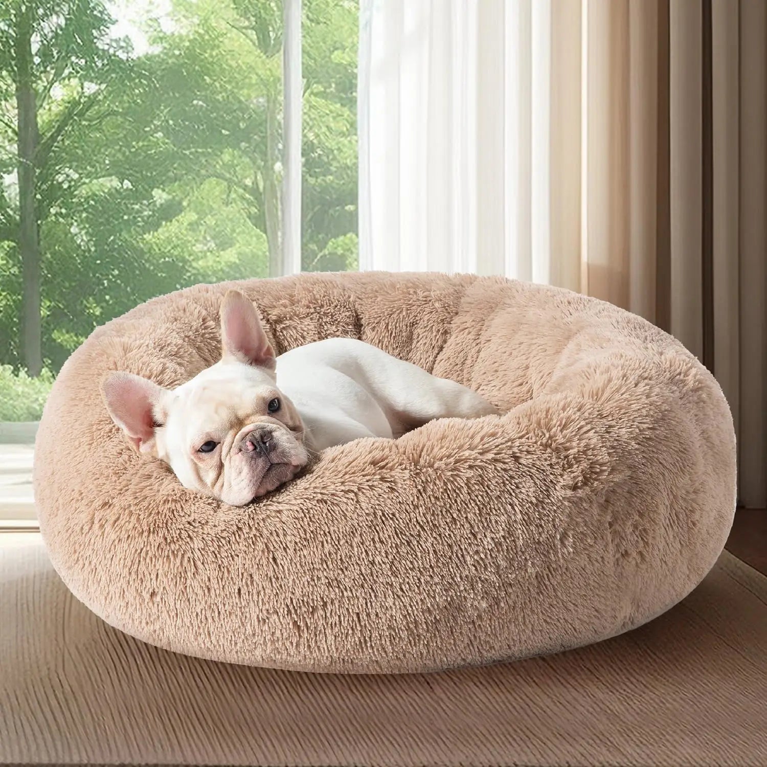 Panier anti-stress pour chiens âgés avec un chien blanc reposant confortablement