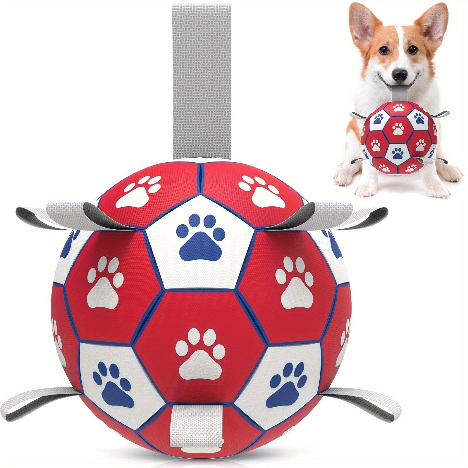 Ball de football pour chien rouge et blanc avec empreintes de pattes, idéal pour le jeu