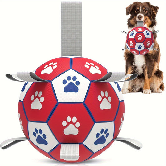 Ball de foot pour chien rouge et blanc avec empreintes paw, parfait pour le jeu et la garde des dents