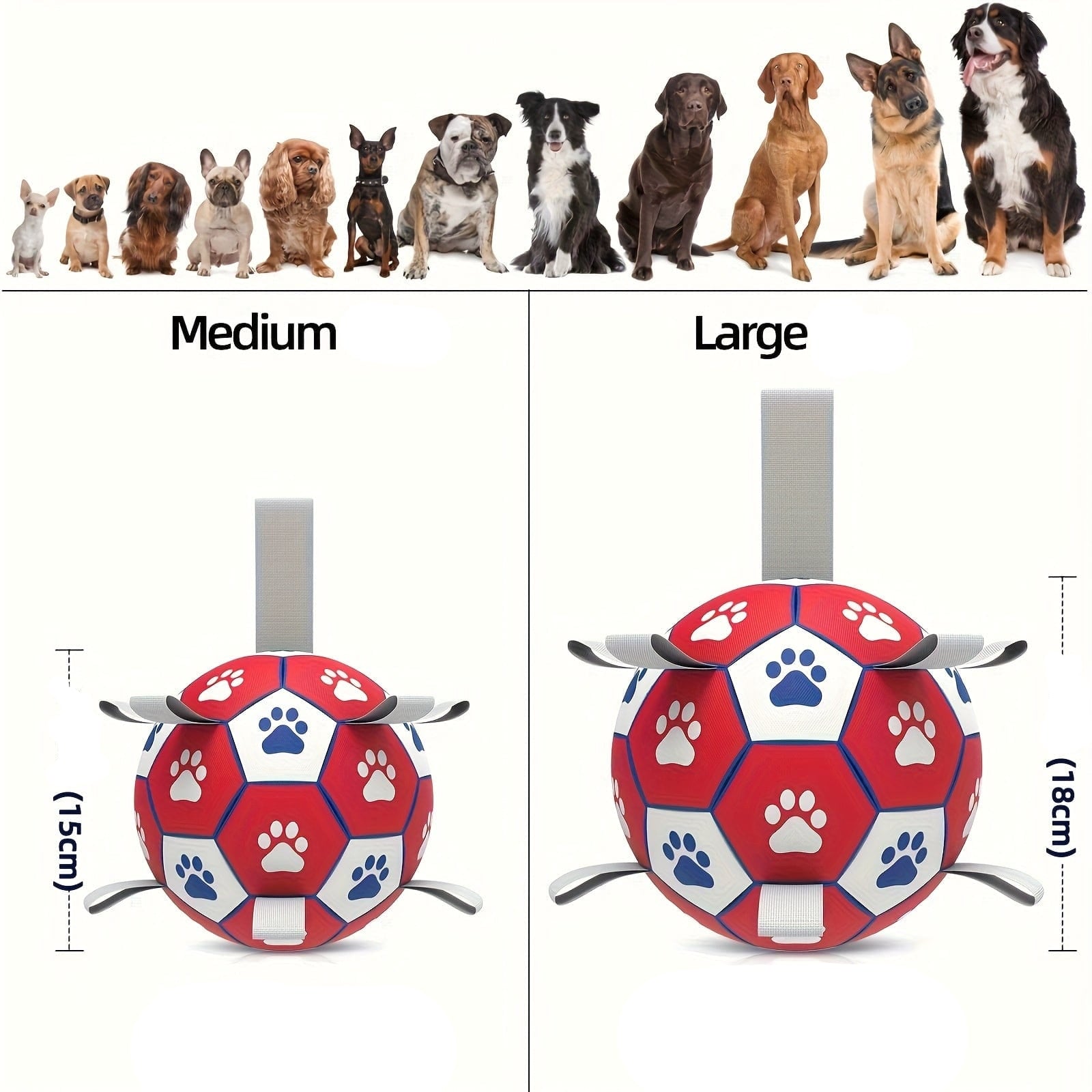 Photo d’un dog soccer ball avec guide de taille et poids pour le jouet chien