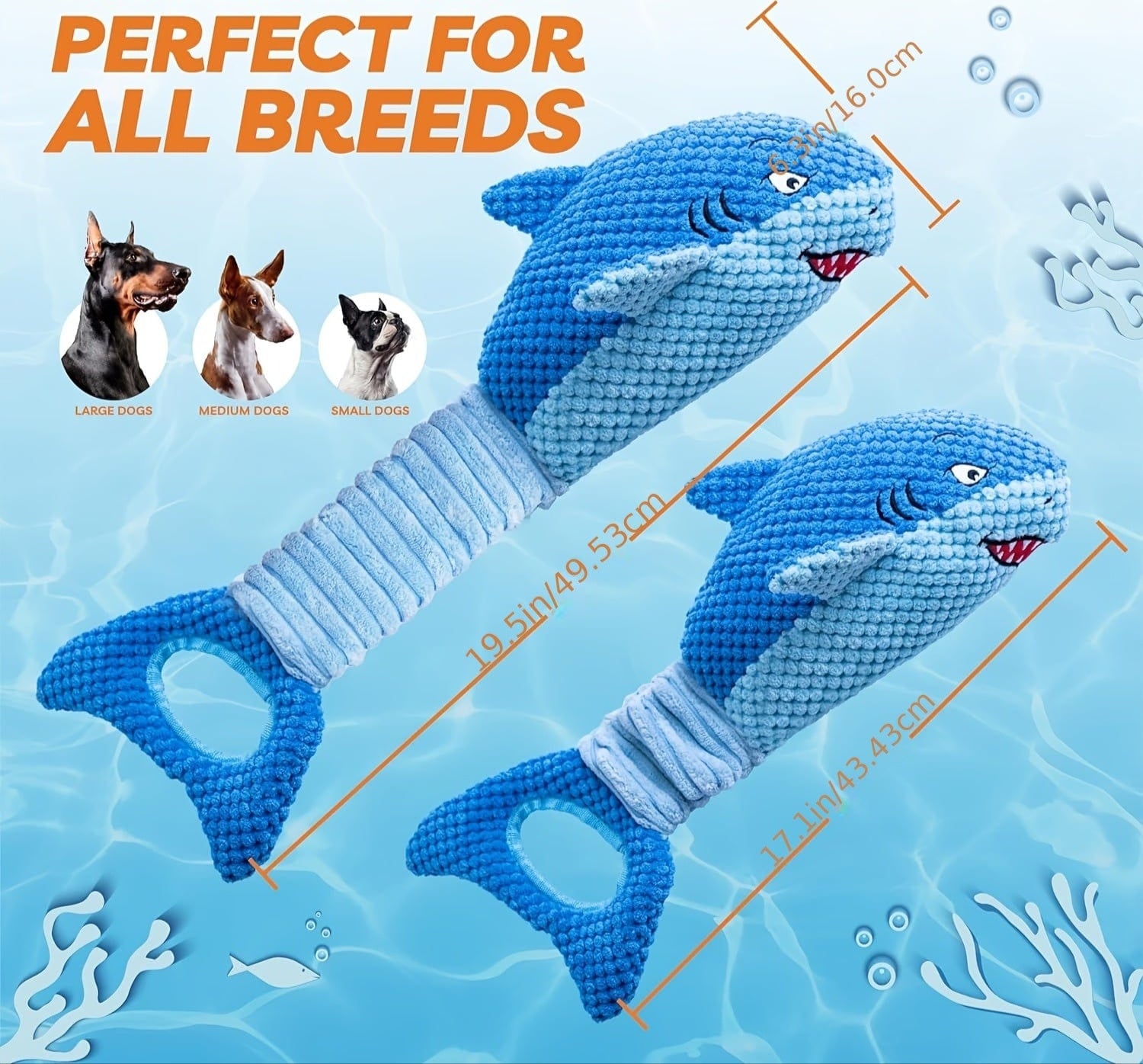 Jouet en peluche requin bleu pour chiens, parfait pour toutes tailles de race