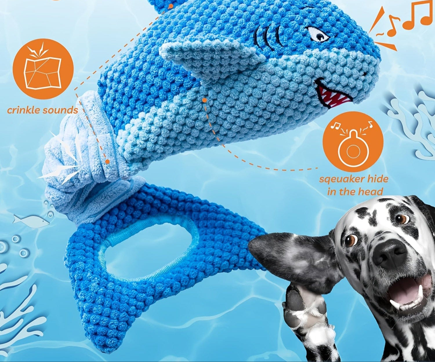 Jouet chien en peluche squeaky shark bleu, idéal pour toutes tailles de race
