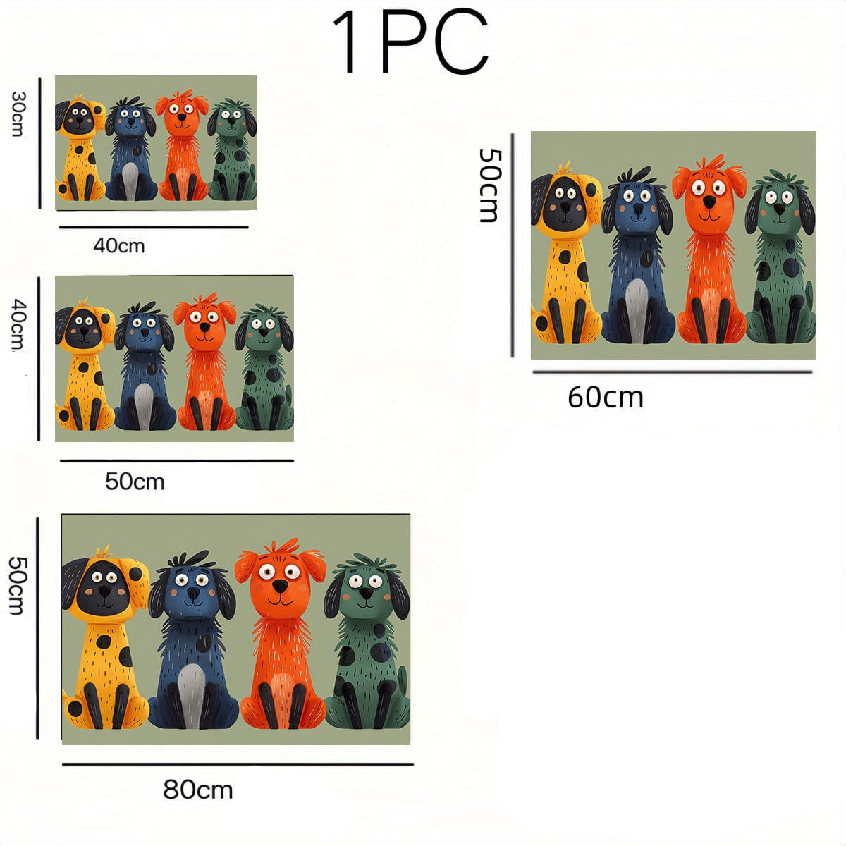 Quatre options de décoration murale canines colorées avec dimensions pour accessoires pour chiens
