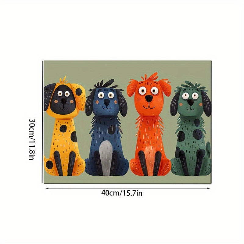 Colorful cartoon dog quartet on a pet feeding mat, accessoires pour chiens, easy clean