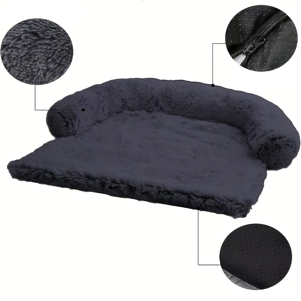 Lit de chien plush gris foncé avec repose-tête, parfait comme dog sofa ou cat cushion