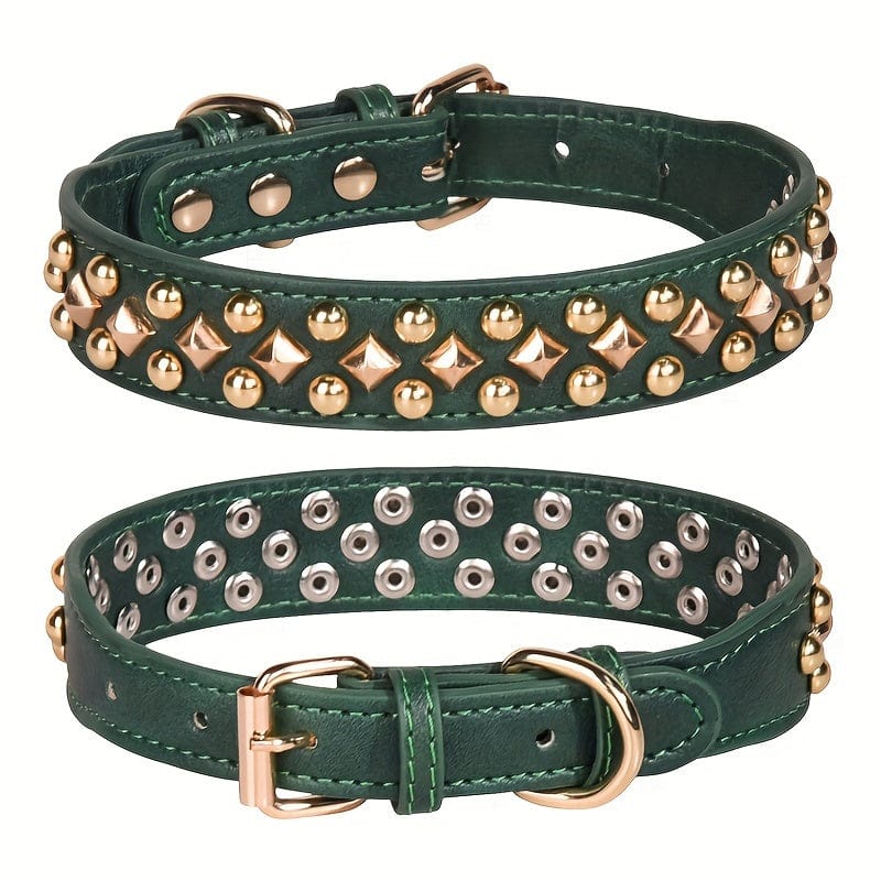 Colliers pour chiens en cuir vert avec rivets, accessoires pour chiens stylés