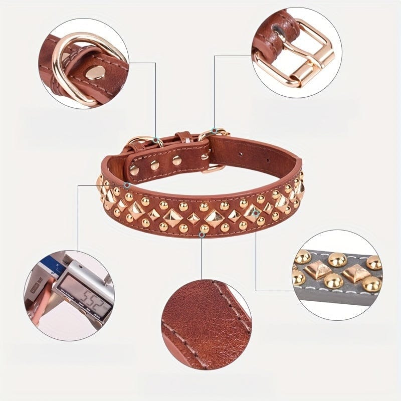 Collier pour chien en cuir marron avec studs dorés, accessoires pour chiens stylés