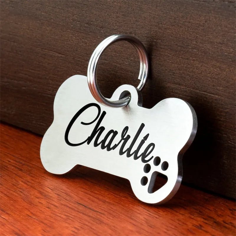 Médaille pour chien gravée en acier inox – forme os personnalisée (recto/verso)