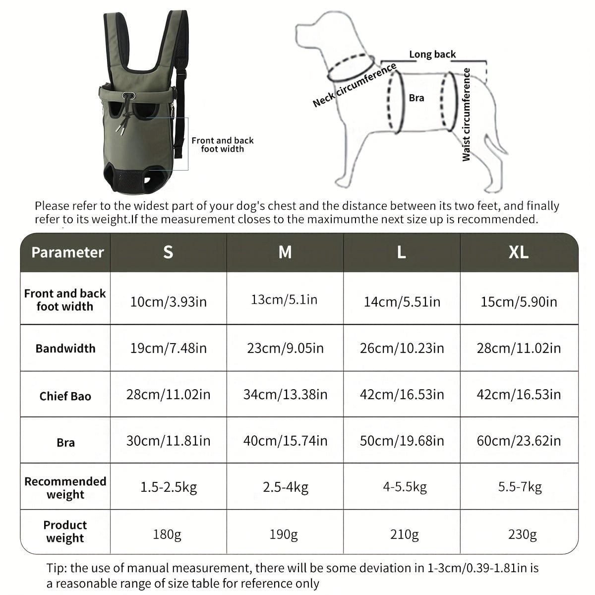 Guide de taille pour le sac à dos pour chien avec accessoires pour chiens