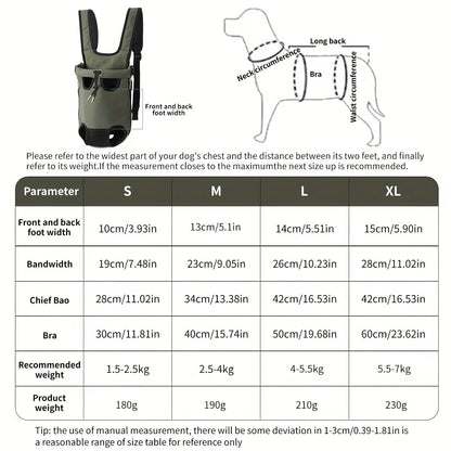 Guide de taille pour le sac à dos pour chien avec accessoires pour chiens