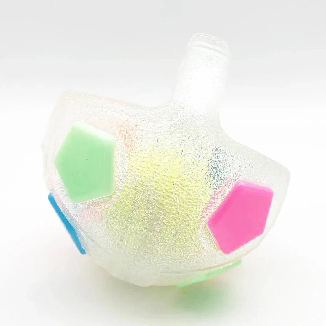Dreidel translucide avec pentagones colorés, parfait comme jouet balle caoutchouc résistant avec sifflet intégré