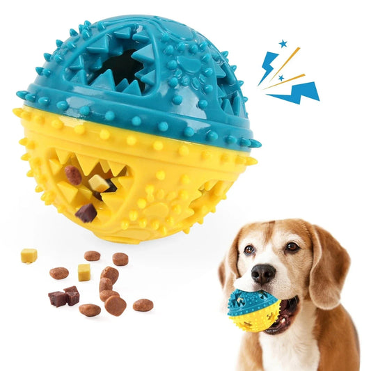 Jouet distributeur de friandises rouge bleu pour chien, balle à mâcher amusante