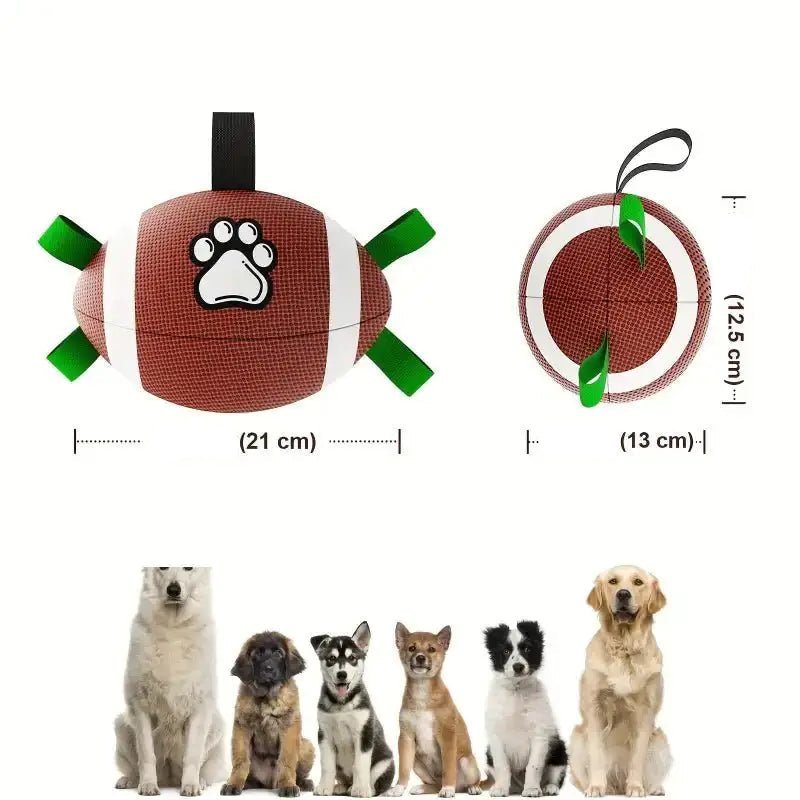 Image du ballon rugby pour chien avec rubans verts, idéal comme jouet chien forme ballon de rugby