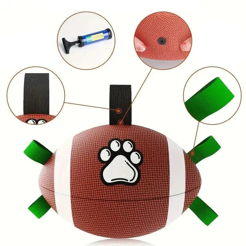Jouet chien forme ballon de rugby avec rubans résistants et tabs verts, idéal pour jouer dehors