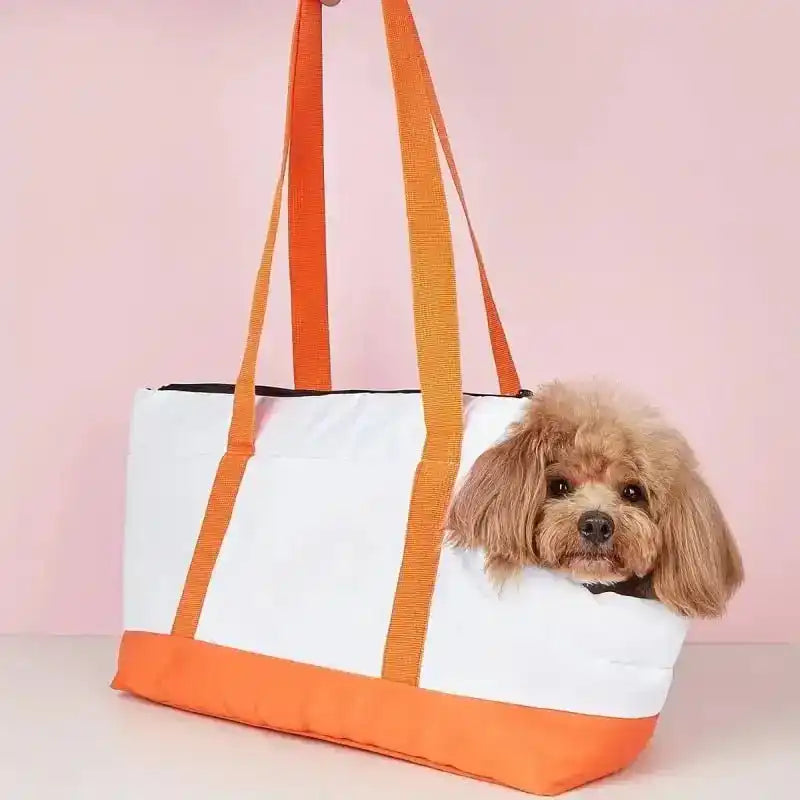 Transporteur blanc et orange avec un caniche à l'intérieur.