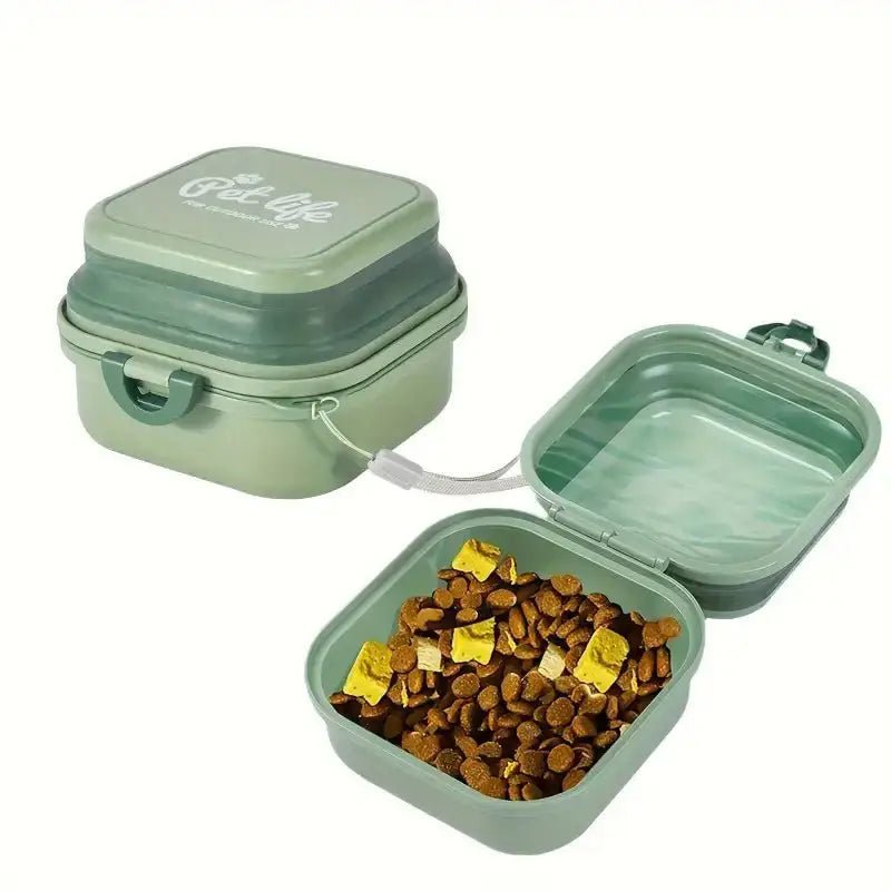 Voir une boîte à croquettes pour chien étanche et portable avec bol pliable verte