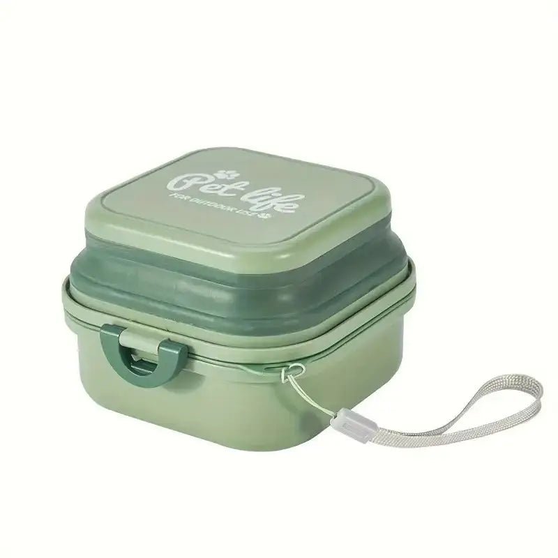 Photo de la boîte à croquettes pour chien étanche et portable avec bol pliable verte