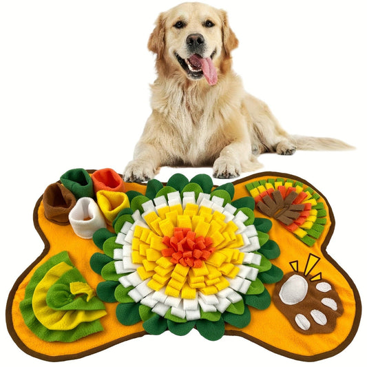 Golden retriever using bone-shaped dog snuffle mat for fun and slow feeding