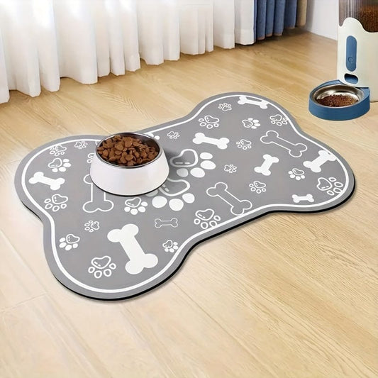 Tapis d’alimentation pour chiens en forme d’os gris avec motifs patte et os, accessoires pour chien