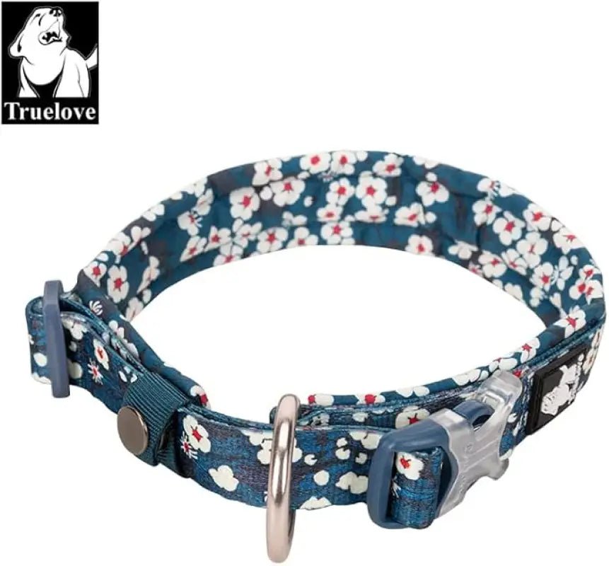 Collier pour chien motif floral bleu en coton avec boucle duraflex ultra-résistante