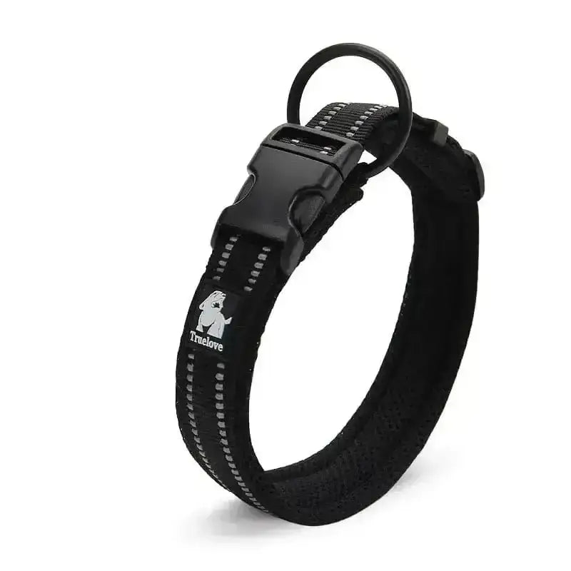 Collier chien Truelove noir avec bandes réfléchissantes, boucle rapide et D-ring en métal