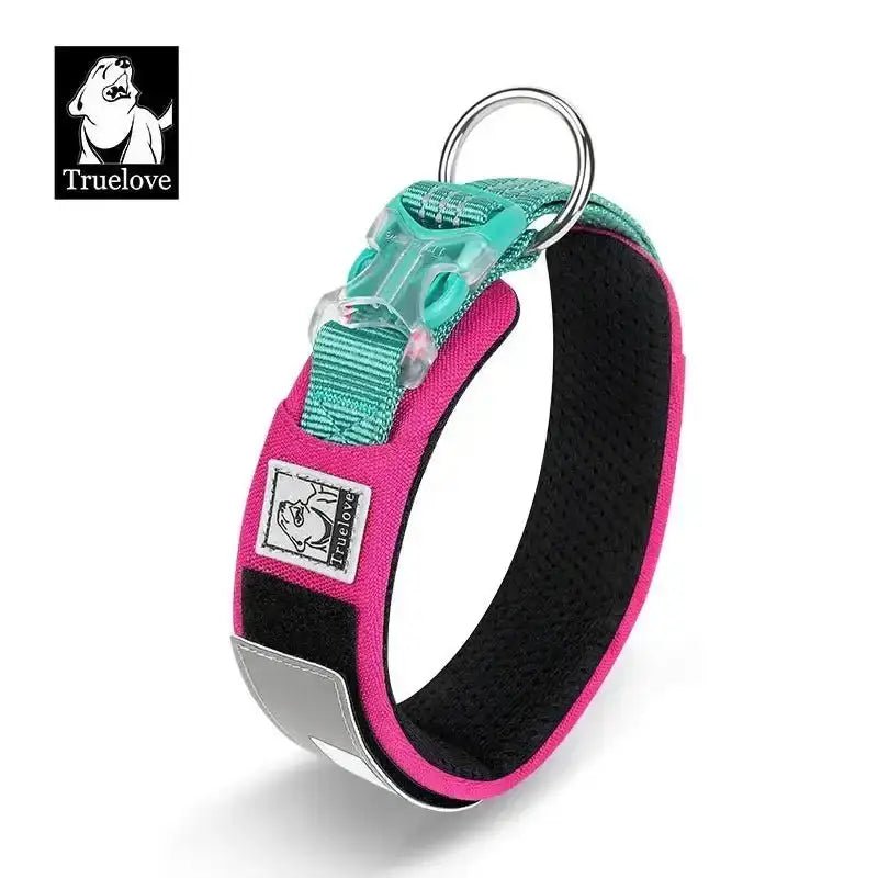 Collier chien Truelove en nylon Cordura rose et teal avec patch personnalisable et bande réfléchissante