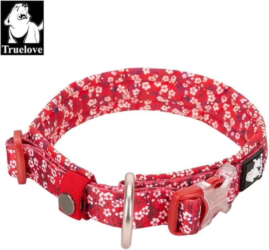 Collier chien motif floral rouge coquelicot en coton avec D-ring en métal et boucle plastique