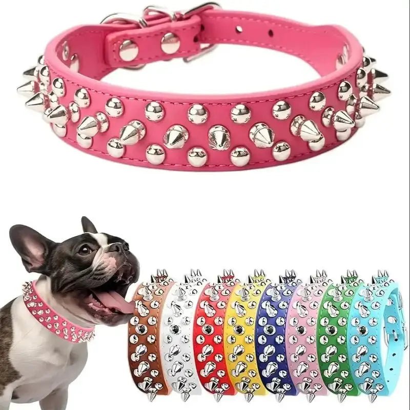 Collier cuir clouté pour chien avec effets brillants, style vintage, disponible en différentes couleurs