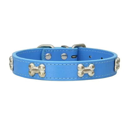 Collier en cuir bleu clair avec motifs os, résistant aux intempéries pour chiens adultes