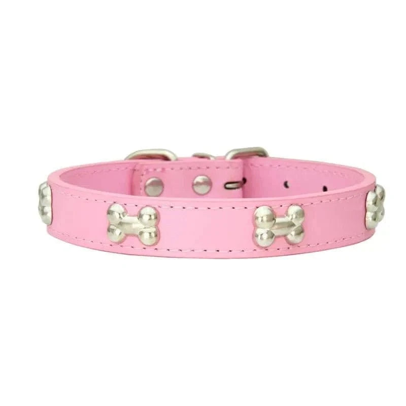 Collier en Cuir avec Motifs OS pour chiens adultes résistants aux intempéries, rose et os