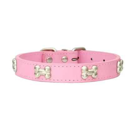 Collier en Cuir avec Motifs OS pour chiens adultes résistants aux intempéries, rose et os
