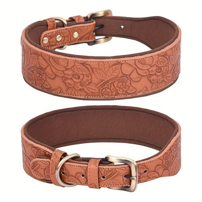 Collier en cuir embossé taille moyenne avec design rétro pour chien, Collier Large en Cuir avec Motifs
