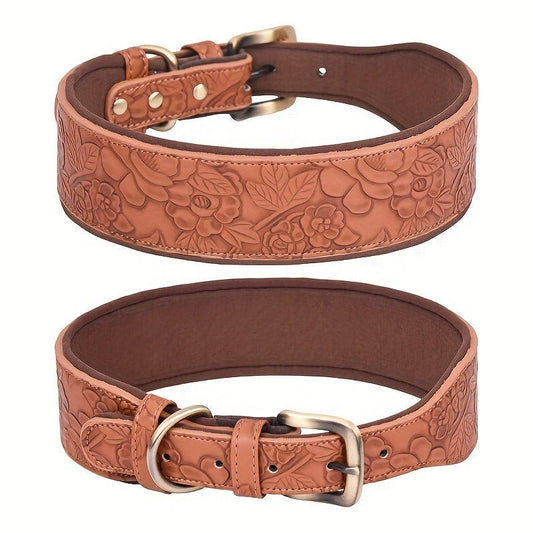 Collier en cuir embossé taille moyenne avec design rétro pour chien, Collier Large en Cuir avec Motifs