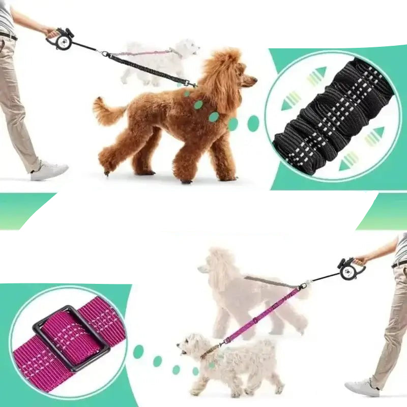Image d’un coupleur de laisse pour deux chiens avec amortisseur, extension de laisse double anti-traction pour chien