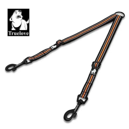 Laisse double pour chiens noir et orange avec acier inoxydable et bandes réfléchissantes