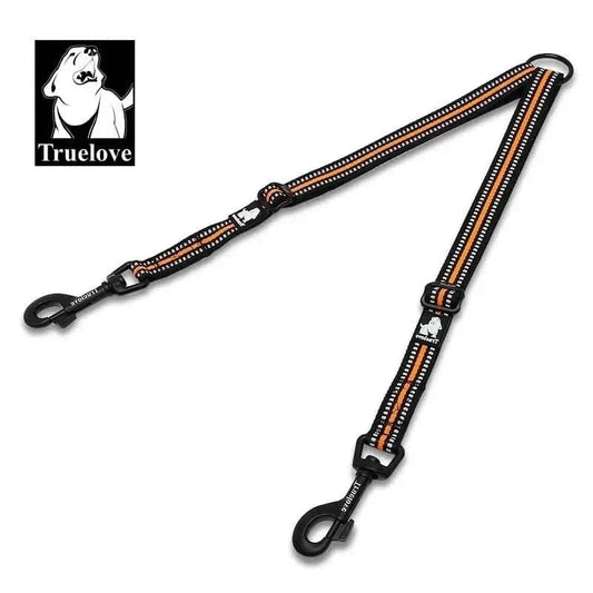Laisse double pour chiens noir et orange avec acier inoxydable et bandes réfléchissantes