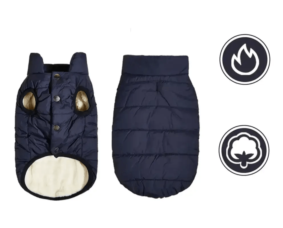 Doudoune sans manches pour chien chaude en nylon bleu marine avec fermeture à boutons