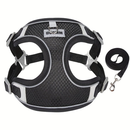 Harnais réfléchissant en mesh noir pour chien petite à moyenne taille avec laisse