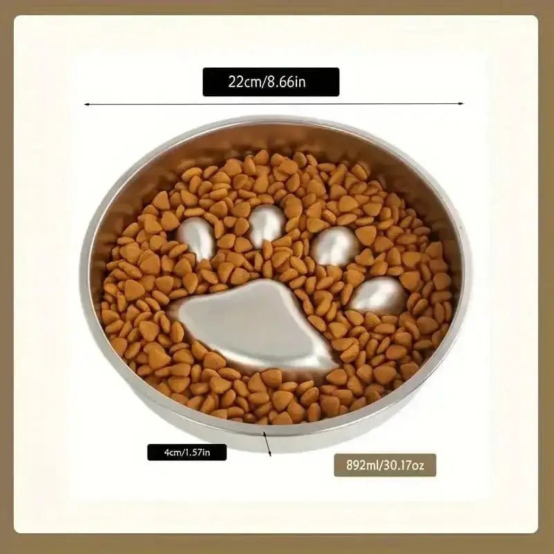 Gamelle anti-glouton pour chien en inox avec motif patte, remplie de croquettes