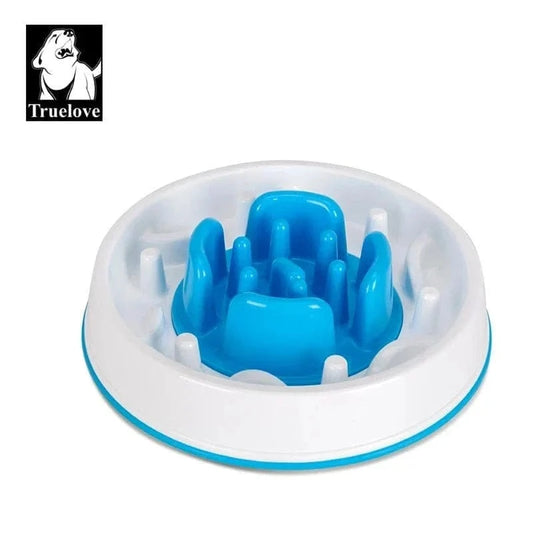 Gamelle anti-glouton bleue et blanche pour moyens chiens, idéale pour aliments secs