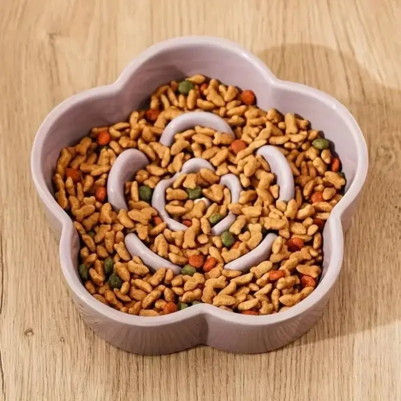 Gamelle anti-glouton pour chien en forme de fleur remplie de croquettes