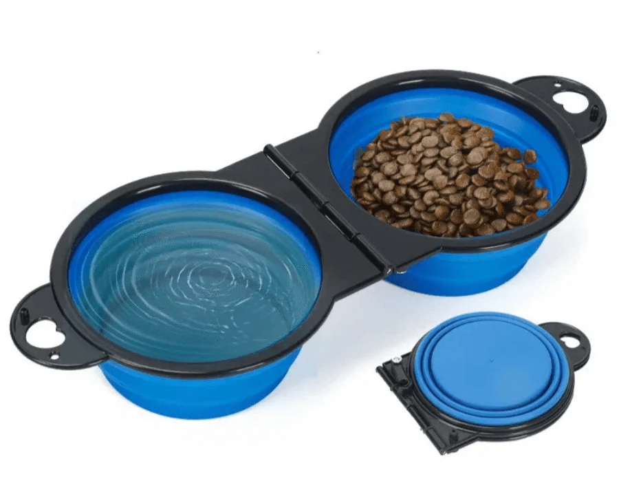 Gamelle pliable double bleue pratique pour animaux, facile à transporter