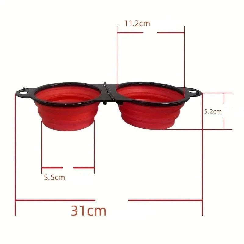 Photo de la gamelle pliable double pratique en rouge avec dimensions pour animaux