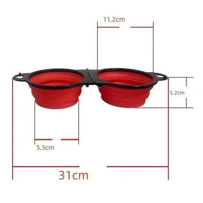 Photo de la gamelle pliable double pratique en rouge avec dimensions pour animaux