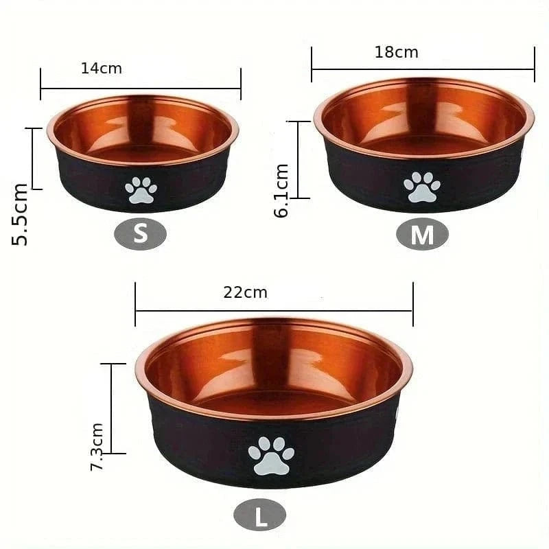 Trois gamelles en acier inoxydable antidérapantes cuivre et bronze avec empreintes paw print