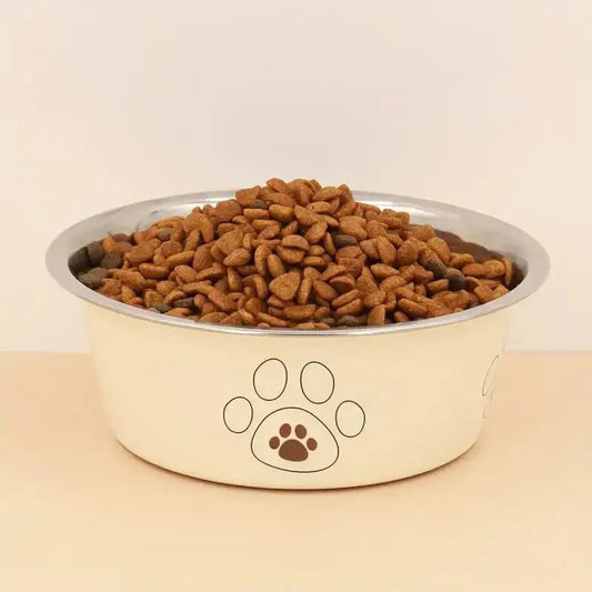 C’est une gamelle en inox pour chien avec logo patte décorative et surface antidérapante facile à nettoyer
