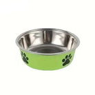 Alt texte en français : Gamelle en inox pour chien antidérapante avec motif de pattes vertes
