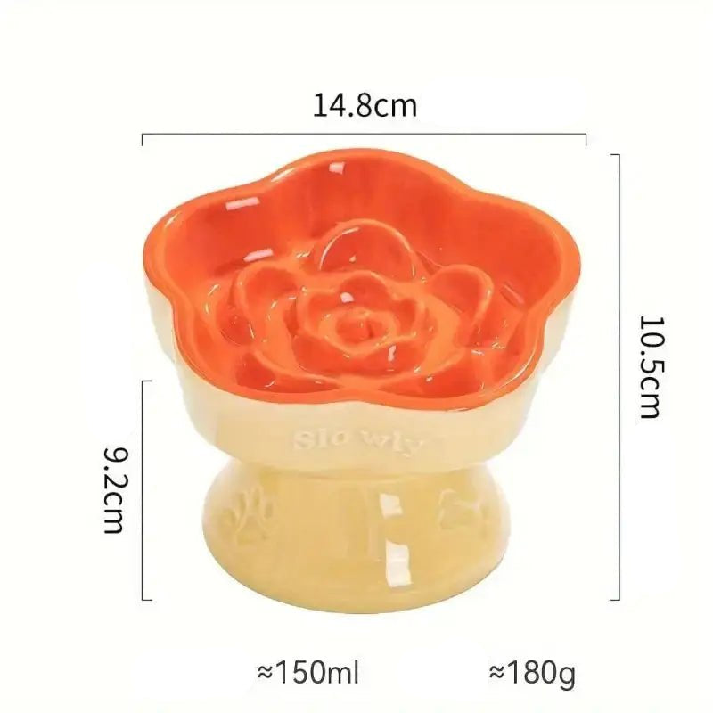 Gamelle anti glouton surélevée en céramique pour chien avec motif fleur beige et orange