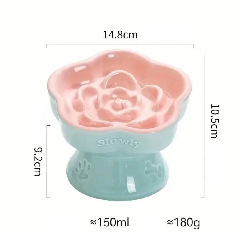 Gamelle surélevée pour chien avec fonction anti glouton en céramique rose et bleue